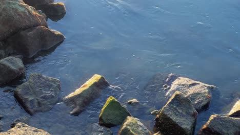 Szene,-Die-Steine-Und-Felsen-Im-Meerwasser-Einfängt,-Moment-Der-Sonneneinstrahlung-Aus-Niedrigem-Winkel-Der-Küstenlandschaft