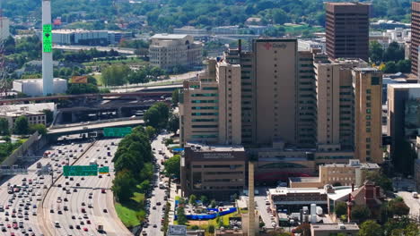Aerial-view-of-heavy-traffic-on-busy-multilane-highway-at-Grady-Memorial-Hospital