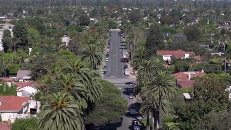 Iconic-palm-trees-line-the-streets-of-Santa-Monica,-California---aerial-flyover
