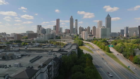 Aerial-panoramic-view-of-downtown-skyscrapers-on-sunny-day