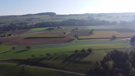 Pan-shot-with-drone-showing-field-patches-and-farms-in-Switzerland,-relaxing-and-fresh-look