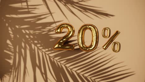 20-%-Rabattverkauf-Auf-Goldenem-Hintergrund-Mit-Sanfter-Palmenbrise,-Feiertags-Sommerverkaufskonzept