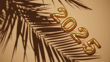 Begrüßung-Des-Guten-Rutsch-Ins-Neue-Jahr-2025-Mit-Goldenem-Hintergrund-Und-Sanfter-Palmenbrise,-Tropisches-Urlaubskonzept-3D-Rendering