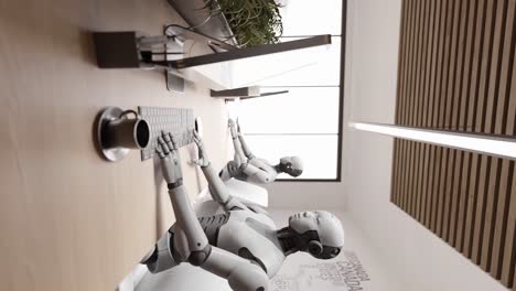 3D-Rendering-Animationsroboter,-Humanoider-Cyber-Roboter,-Der-Im-Büro-Sitzt,-Während-Er-Mit-Dem-Kunden-Auf-Der-Website-Chattet-Und-Bei-Der-Pflege-Hilft.-3D-Rendering-Animation-Des-Chatbots-Mit-HUD-Schnittstellentastatur