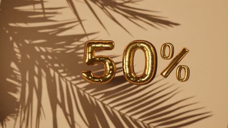 50%-discount-sale-on-gold-background-with-palm-tree-gentle-breeze,-holiday-summer-sale-concept-special-price