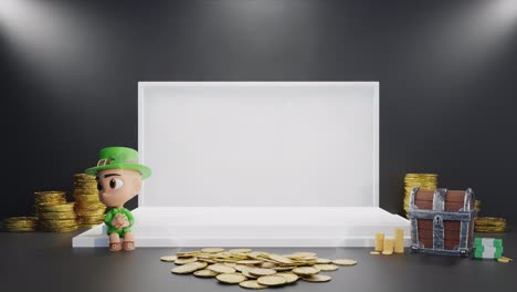 3d-rendering-of-product-empty-copy-space-with-light-set-up-and-gold-money-coin-coffer-and-gnome-sitting-black-background