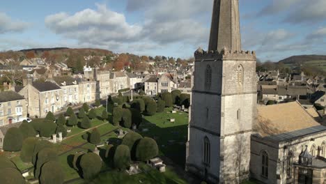 Painswick-Town-Cotswolds-Church-Aerial-Landscape-Autumn-UK-Historic-Yew-Trees