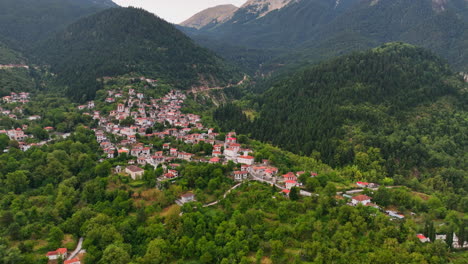 Aerial-drone-view-of-old-stone-houses-in-traditional-village-in-Greece