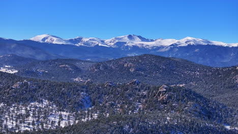 Christmas-first-snow-Evergreen-Three-Sisters-Front-Range-Denver-Mount-Blue-Sky-Evans-aerial-cinematic-drone-crisp-freezing-cold-morning-beautiful-blue-sky-frosted-pine-trees-zoomed-circle-right-motion