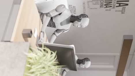 Vertikale-Ansicht-Eines-Humanoiden-Cyber-Roboters,-Der-Im-Büro-Sitzt,-Während-Er-Mit-Dem-Kunden-Auf-Der-Website-Chattet-Und-Bei-Der-3D-Rendering-Animation-Des-Chatbots-Hilft