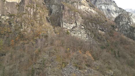 Grey-rock-formations-are-covered-with-leafless-trees,-rocky-slopes-are-surrounded-by-yellow-grass,-Cavergno,-Vallemaggia,-Switzerland