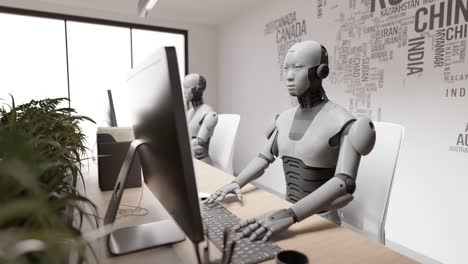 Der-Humanoide-Cyber-Roboter-Sitzt-Im-Büro,-Während-Er-Mit-Dem-Kunden-Auf-Der-Website-Chattet-Und-Hilft-Bei-Der-3D-Rendering-Animation-Des-Chatbots-Mit-HUD-Schnittstellentastatur