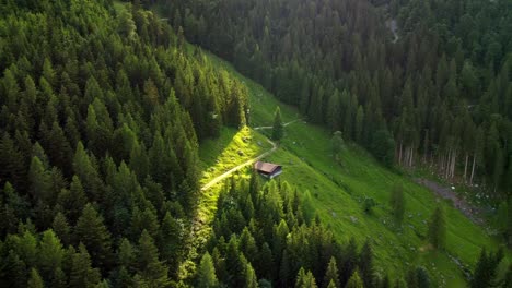 Small-hut-surrounded-b-green-fields-and-a-forest-during-sunset-in-the-Alps-in-Lofer,-Austria