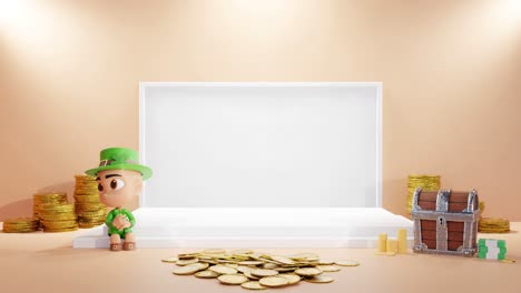 3d-rendering-animation-of-product-empty-copy-space-with-light-set-up-and-gold-money-coin-coffer-and-gnome-sitting-green-background-e-commerce-sales-online-shop-gold-background