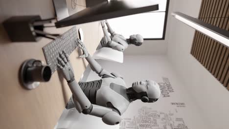 Vertikaler-Humanoider-Cyber-Roboter-Sitzt-Im-Büro,-Während-Er-Mit-Dem-Kunden-Auf-Der-Website-Chattet-Und-Bei-Der-Pflege-Hilft.-3D-Rendering-Animation-Des-Chatbots-Mit-HUD-Schnittstellentastatur