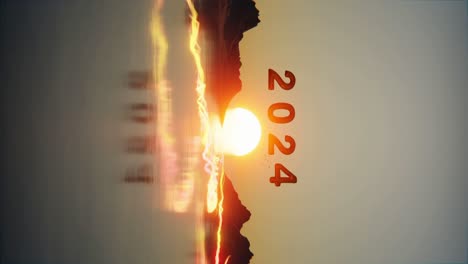 Vertical-De-Saludo-Feliz-Año-Nuevo-2024-Con-Paisaje-Escénico-Puesta-De-Sol-Y-Fuegos-Artificiales-De-Flujo-De-Energía