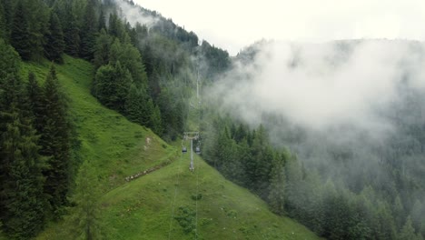 Steep-rope-way-leading-up-a-mountain-in-the-Alps-in-Lofer,-Austria-on-a-cloudy-day