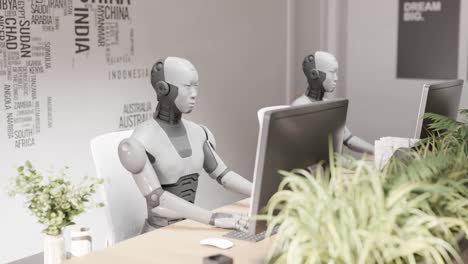 Equipo-Futurista-De-Robots-Charlando-Con-Atención-Al-Cliente-Animación-De-Chatbot-Con-Teclado-De-Interfaz-Hud-Mano-De-Obra-Inteligente-Artificial-De-Clase-Trabajadora-En-El-Futuro-Animación-De-Renderizado-3d-Oficina-Moderna