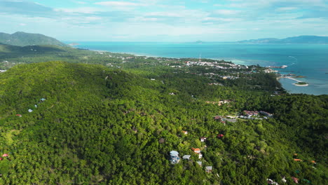 Exotic-travel-destination-in-Thailand,-Koh-Phangan-island-from-above