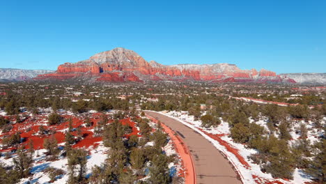 The-high-desert-countryside-near-Sedona,-Arizona-in-winter-after-a-snow---aerial-flyover