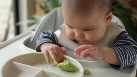 Bebé-De-6-Meses-Explorando-Y-Jugando-Con-Alimentos-Sólidos-Aguacate-Por-Primera-Vez-En-Su-Trona-Con-Plato-Infantil