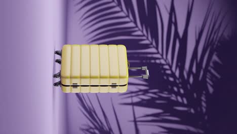 vertical-of-3d-rendering-animation-of-luggage-suitcase-with-palm-tree-leaf-in-purple-background-shade