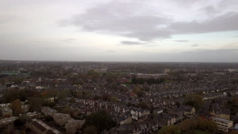 Cambridge-Centre,-drone,-look-from-sky,-foggy,-Townhouses,-Cloudy