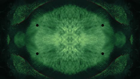Grüne-Abstrakte-Fraktale-Digitale-Kunst-Mit-Schwarzen-Punkten,-Die-Sich-In-Flüssigkeit-Bewegen