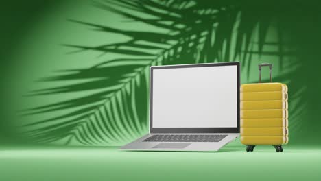 3d-rendering-animation-of-modern-laptop-and-luggage-travel-suitcase-concept-of-digital-nomad-remote-working-on-green-background