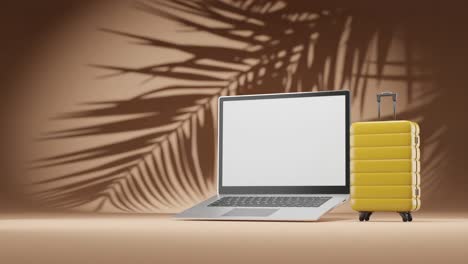 3D-Rendering-Animation-Des-Modernen-Laptop--Und-Gepäckreisekoffer-Konzepts-Der-Digitalen-Nomaden-Fernarbeit-Auf-Goldenem-Hintergrund