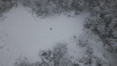 Aerial-Footage-of-man-standing-in-snow