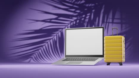 3D-Rendering-Animation-Des-Modernen-Laptop--Und-Gepäckreisekoffer-Konzepts-Des-Digitalen-Nomaden-Mit-Palmenform-Auf-Violettem-Hintergrund