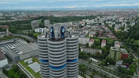 Close-up-aerial-view,-BMW-Museum-at-Olympiapark,-Munich-city,-Germany