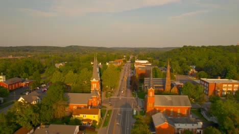 Drone-passing-the-churches-in-Downtown-Palmyra-in-New-York-State-USA