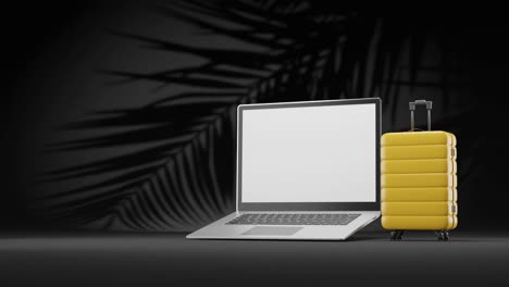 Digitaler-Nomaden-Fernarbeitsraum-Während-Der-Ferienzeit,-Moderne-Laptop-Palme-Und-Gepäck-In-3D-Rendering-Animation
