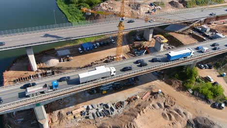 New-bridge-construction-to-avoid-traffic-jams-near-Kaunas-city,-aerial-view