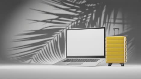 Konzept-Des-Digitalen-Nomaden-Fernarbeitsraums-Während-Der-Ferienzeit-3D-Rendering-Animation-Gepäck-Koffer-Laptop-Internetverbindung-Und-Palme