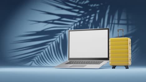 3D-Rendering-Animation-Des-Modernen-Laptop--Und-Gepäckreisekoffer-Konzepts-Der-Digitalen-Nomaden-Fernarbeit-Auf-Blauem-Hintergrund