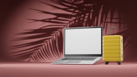 3d-rendering-animation-of-modern-laptop-and-luggage-travel-suitcase-concept-of-digital-nomad-remote-working-on-red-background