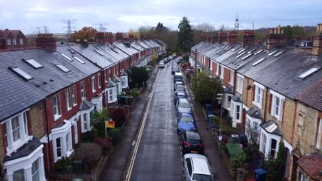 Drone-flying-over-residential-cul-de-sac-street-in-Oxford-in-England