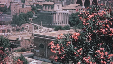 Árboles-En-Flor-Rodean-El-Templo-De-Antonino-Y-Faustina-En-Roma-En-Los-Años-1960.