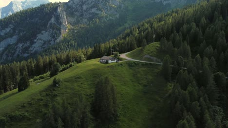 Wunderschöne-Idyllische-Natur,-Grünes-Grasland-Und-Alpenberge,-Weidelandschaft,-Wiesenwald,-Zuhause-Und-Blauer-Himmel