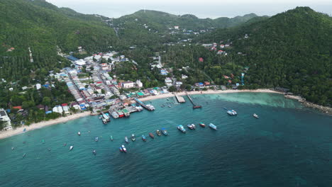 Coastal-Tropical-Town-with-Port-in-Southeast-Asia,-Aerial