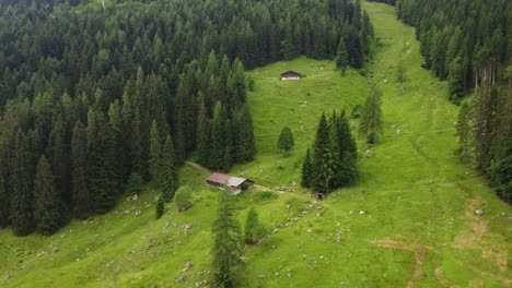Two-small-huts-on-a-green-field-in-the-Alps-in-Lofer,-Austria