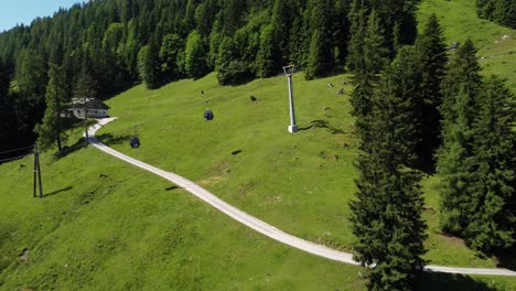 Rope-way-leading-up-a-mountain-on-a-green-field-surrounded-by-a-large-forest-in-the-Alps-in-Lofer,-Austria