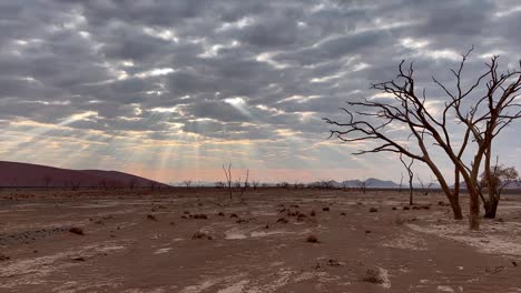 Stunning-scenery-over-Dead-vlei-in-Namibia-with-spectacular-cloud-formations-and-light-rays-shining-through-and-petrified-trees-on-the-pan