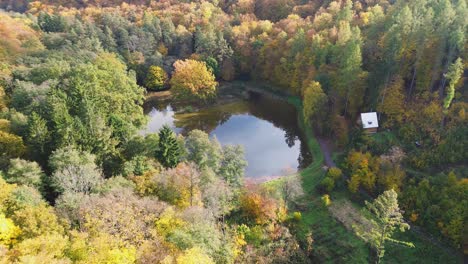 Ein-Blick-Auf-Einen-Kleinen-Teich-Aus-Großer-Höhe-über-Bunten-Bäumen-Im-Herbst