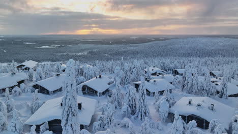 Aerial-view-around-a-snowy-tree-in-a-cottage-village,-high-in-the-fells-of-Lapland
