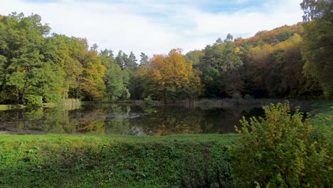 Ein-Kleiner-Teich,-Der-Sich-In-Den-Herbstmonaten-Inmitten-Eines-Bunten-Waldes-Ausbreitet