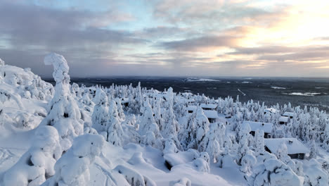 Aerial-view-over-a-ski-trail-in-snowy-forest,-revealing-a-cabins-in-sunny-Lapland